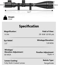 Load image into Gallery viewer, MidTen 6-24x50 AO Red and Green Illuminated Rangefinder Reticle Rifle Scope