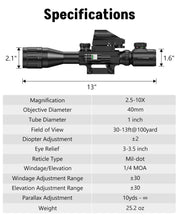 Load image into Gallery viewer, MidTen 2.5-10X40 AO 6-in-1 Rifle Scope Combo with Dual Illuminated Optics, Mil-dot Scope