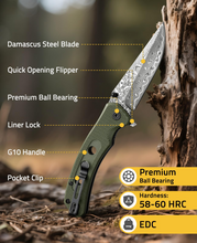 Load image into Gallery viewer, MidTen 3 26 VG10 66-Layer Damascus Pocket Knife – damascus steel blade quick opening flipper, green