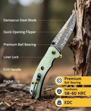 Load image into Gallery viewer, MidTen 3 26 VG10 66-Layer Damascus Pocket Knife – damascus steel blade quick opening flipper, natural