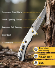 Load image into Gallery viewer, MidTen 3 26 VG10 66-Layer Damascus Pocket Knife – damascus steel blade quick opening flipper, white