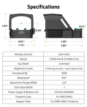 Load image into Gallery viewer, MidTen 32MOA Circle Red/Green Dot Sight – original iron sights, specifications window size (in), Red Dot