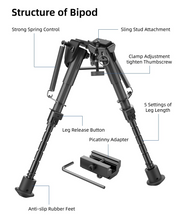 Load image into Gallery viewer, MidTen Picatinny Bipod 6-9 Carbon Fiber Rifle Bipod with leg length leg release button picatinny adapter in black