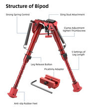 Load image into Gallery viewer, MidTen Picatinny Bipod 6-9 Carbon Fiber Rifle Bipod with leg length leg release button picatinny adapter in red