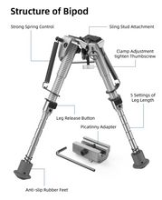 Load image into Gallery viewer, MidTen Picatinny Bipod 6-9 Carbon Fiber Rifle Bipod with leg length leg releasebutton picatinny adapter in sliver