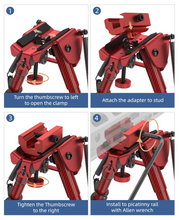 Load image into Gallery viewer, MidTen bipod with turnthethumbscrewtoleft attachtheadaptertostud toopen theclamp in red