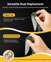 Load image into Gallery viewer, MidTen Damascus Pocket Knife – smooth, manual action powered by a precision ball-bearing pivot, green