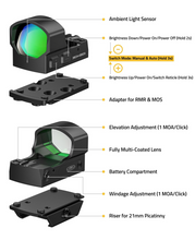 Load image into Gallery viewer, MidTen Red Dot Sight with fullymulti-coated lens battery compartment in green dot