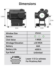 Load image into Gallery viewer, MidTen len sight with dimensions window size reticle, 2.85in x 1.5in x 3.2in