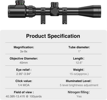 Load image into Gallery viewer, MidTen 3-9x40 scope with objective diameter length eye relief, 40mm