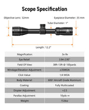 Load image into Gallery viewer, MidTen 3-9X32 AO Rifle Scope with Locking Turret - Crosshair Reticle 22 Riflescope for Hunting - 1 Inch Tube SFP Scope with 20mm Scope Rings (Green Lens)