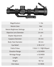 Load image into Gallery viewer, MidTen 1-8x24 LPVO Scope with 30mm Cantilever Mount, Illuminated BDC Reticle for .223/5.56 and .308/7.62