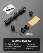 Load image into Gallery viewer, MidTen 3-9X32 AO Rifle Scope with Locking Turret - Crosshair Reticle 22 Riflescope for Hunting - 1 Inch Tube SFP Scope with 20mm Scope Rings (Green Lens)