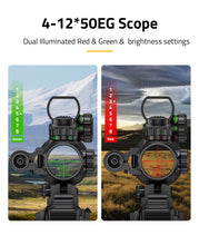 Load image into Gallery viewer, 4-12x50EG Rifle Scope with Dual Illuminated Red and Green Brightness Settings
