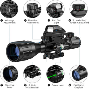 MidTen 4-12x50 AO 3-in-1 Illuminated Rifle Scope Combo Optics - Green Laser