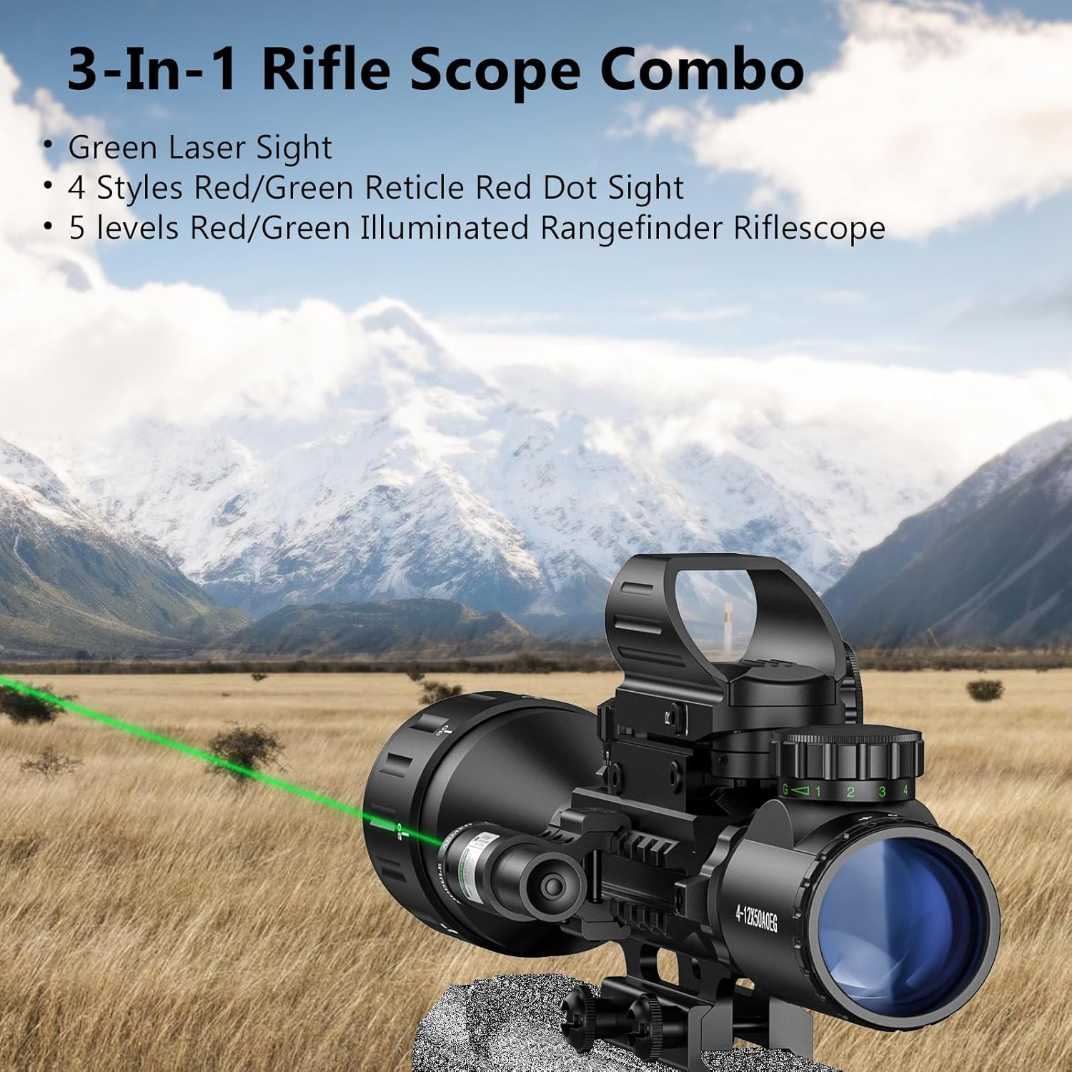 Scope For Loading MidTen 4-12x50 AO 3-in-1 Illuminated Rifle Scope Combo Optics - Green