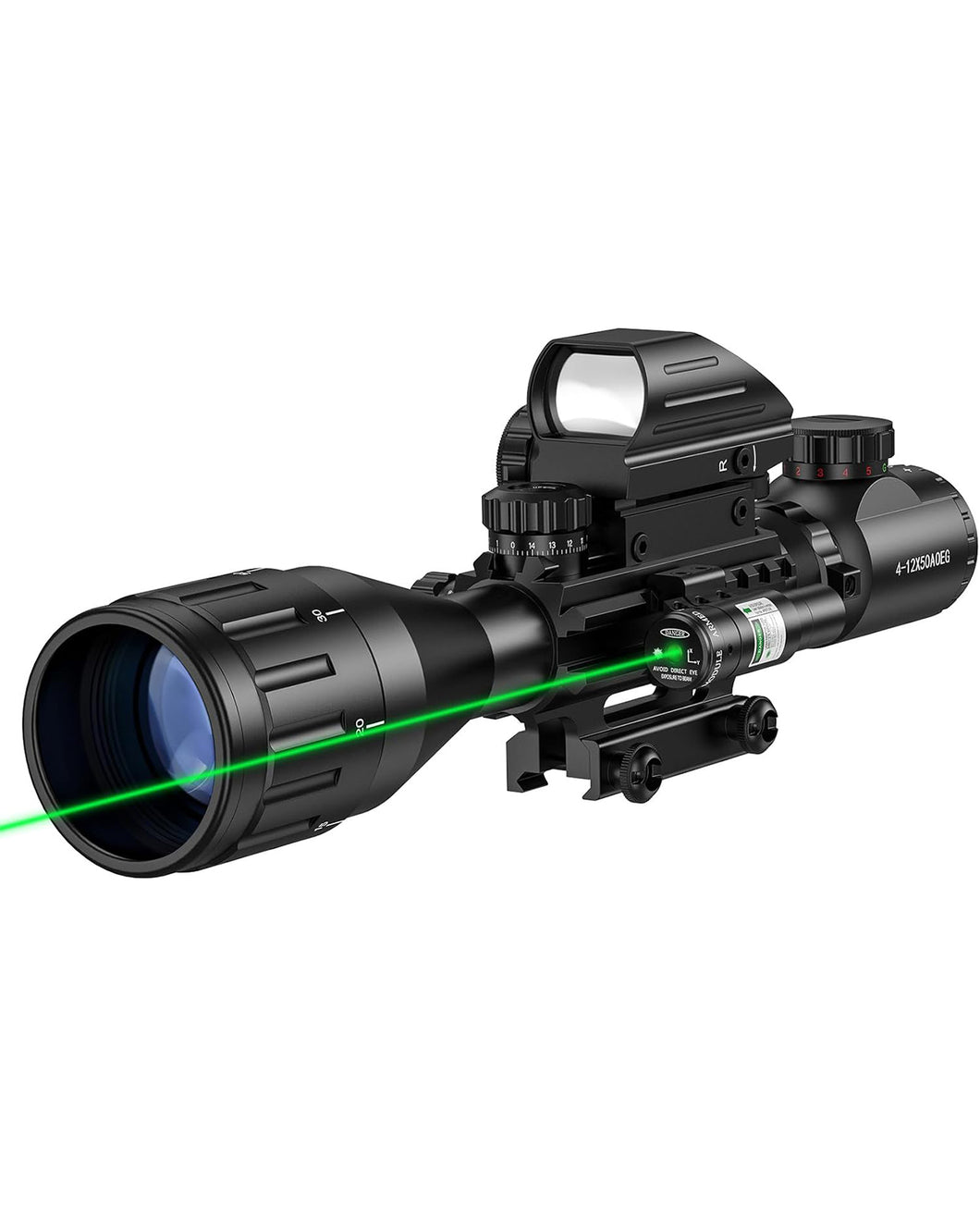 MidTen 4-12x50 AO 3-in-1 Illuminated Rifle Scope Combo Optics - Green Laser