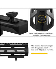 Load image into Gallery viewer, Black metal rifle bipod mount adapter shown in three detail views with instructional tex
