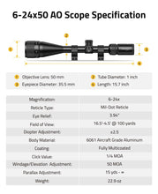 Load image into Gallery viewer, MidTen Z03 6-24x50 AO Rifle Scope with Hunting
