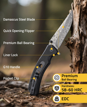 Load image into Gallery viewer, MidTen 3 26 VG10 66-Layer Damascus Pocket Knife – damascus steel blade quick opening flipper, black
