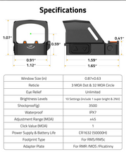 Load image into Gallery viewer, MidTen 32MOA Circle Red/Green Dot Sight – up window size (in), Green Dot
