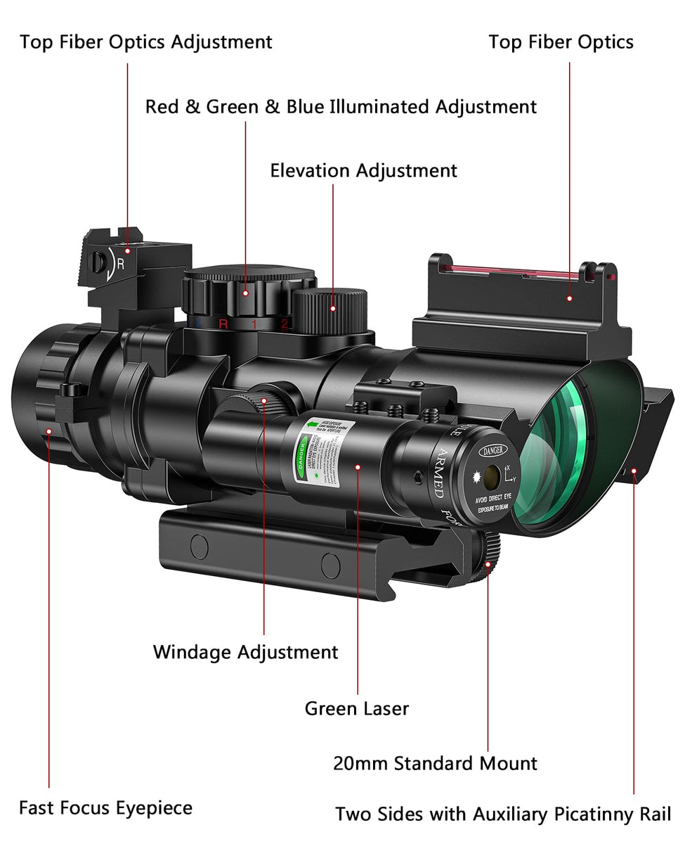 MidTen 4x32 Prism Rifle Scope Red & Green & Blue Illuminated Reticle
