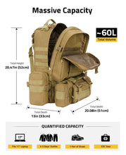 Load image into Gallery viewer, MidTen Spacious military backpack with total width total depth quantified capacity, 20.47in x 52cm x 20.08in
