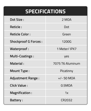 Load image into Gallery viewer, MidTen Red Dot Sight with dot size 2 moa reticle in green dot
