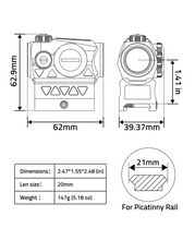 Load image into Gallery viewer, MidTen reflex sight with len size weight, 62.9mm x 1.41 in x 62mm in green dot
