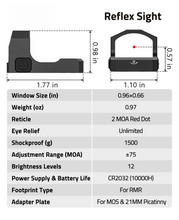 Load image into Gallery viewer, MidTen Motion Awake Red Dot Sight with reflex sight window size (in), 0.98 in x 1.77 in x 1.10 in
