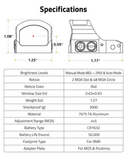 Load image into Gallery viewer, MidTen Auto Brightness Red Dot Sight with red window size (in)
