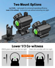 Load image into Gallery viewer, MidTen Motion Awake Green Dot Sight, 2 MOA Green Dot Optics 1x20mm Compact Scope, IPX7 Waterproof &amp; Fogproof, Lower 1/3 Co-Witness Riser Included for 21mm Picatinny Rail
