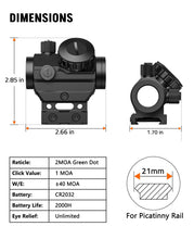 Load image into Gallery viewer, MidTen Motion Awake Green Dot Sight, 2 MOA Green Dot Optics 1x20mm Compact Scope, IPX7 Waterproof &amp; Fogproof, Lower 1/3 Co-Witness Riser Included for 21mm Picatinny Rail
