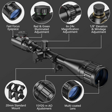 Load image into Gallery viewer, MidTen Hunting Rifle Scope 6-24x50 AOE Red and Green Illuminated Gun Scope with Free Mount
