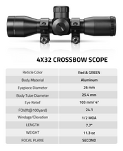Load image into Gallery viewer, MidTen 4x32 Crossbow Scope with reticle color red&amp;green body material
