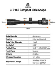 Load image into Gallery viewer, Midten 3-9x40 AO Rifle Scope with Red and Green Illuminated Crosshair Reticle, Locking Turret, Zero Reset, 20mm Scope Rings, 1 inch Tube SFP Riflescope for .22 Caliber Rifles
