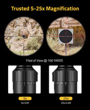 Load image into Gallery viewer, MidTen 5-25x50 FFP Rifle Scope - First Focal Plane with MOA Illuminated Reticle, Zero Stop, Parallax Adjustment, Scope Rings - Long Range Hunting Scope 30mm Tube
