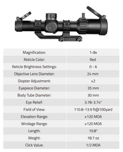 Load image into Gallery viewer, MidTen 1-8x24 LPVO Scope with 30mm Cantilever Mount, Illuminated BDC Reticle for .223/5.56 and .308/7.62
