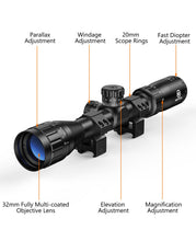 Load image into Gallery viewer, MidTen 3-9X32 AO Rifle Scope with Locking Turret - Crosshair Reticle 22 Riflescope for Hunting - 1 Inch Tube SFP Scope with 20mm Scope Rings (Green Lens)
