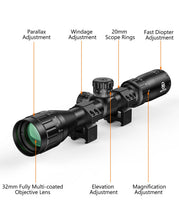 Load image into Gallery viewer, MidTen 3-9X32 AO Rifle Scope with Locking Turret - Crosshair Reticle 22 Riflescope for Hunting - 1 Inch Tube SFP Scope with 20mm Scope Rings (Green Lens)
