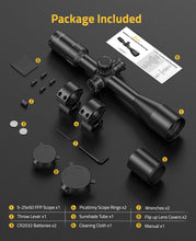 Load image into Gallery viewer, MidTen 5-25x50 FFP Rifle Scope - First Focal Plane with MOA Illuminated Reticle, Zero Stop, Parallax Adjustment, Scope Rings - Long Range Hunting Scope 30mm Tube
