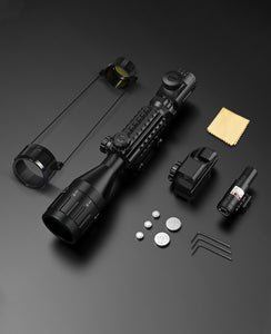 Rifle scope with red dot sight and green laser sight packing list
